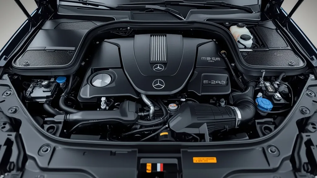 2024 E-Class PHEV engine bay, revealing sophisticated hybrid powertrain components and battery integration.