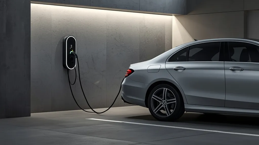 Mercedes E-Class 2024 Hybrid charging at home, connected to a wallbox charger in a modern garage.