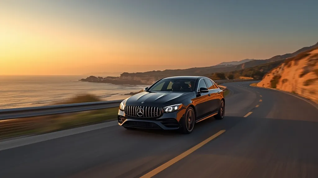 Mercedes E-Class 2024 Hybrid driving on scenic highway, demonstrating smooth ride and luxurious presence.