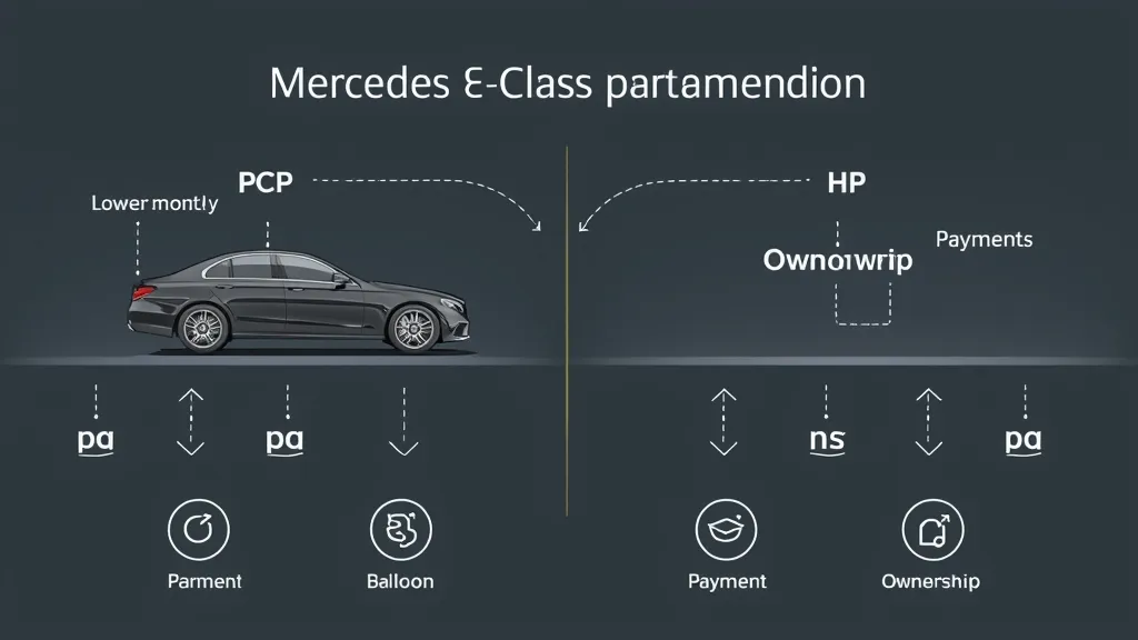 Infographic comparing Mercedes E-Class PCP and HP finance options, showing payment structures and ownership paths.