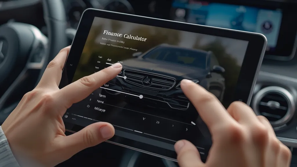 Person using an online Mercedes finance calculator on a tablet, planning E-Class payment options.