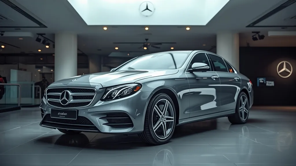 A sleek, brand new 2024 Mercedes-Benz E-Class sedan in a modern showroom, highlighting its luxury.