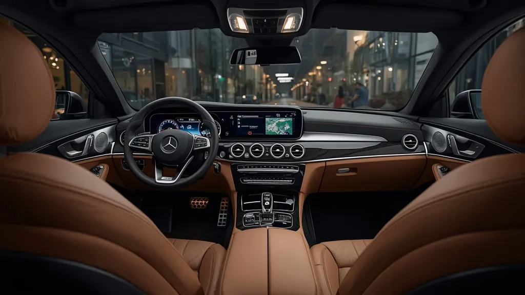 Luxurious interior of a Mercedes E-Class For Sale, featuring dual screens, leather seats, and ambient lighting.