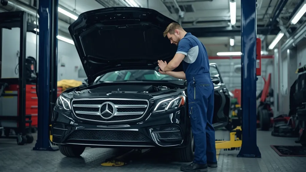 A mechanic performing a pre-purchase inspection on a Mercedes E-Class engine, ensuring reliability.