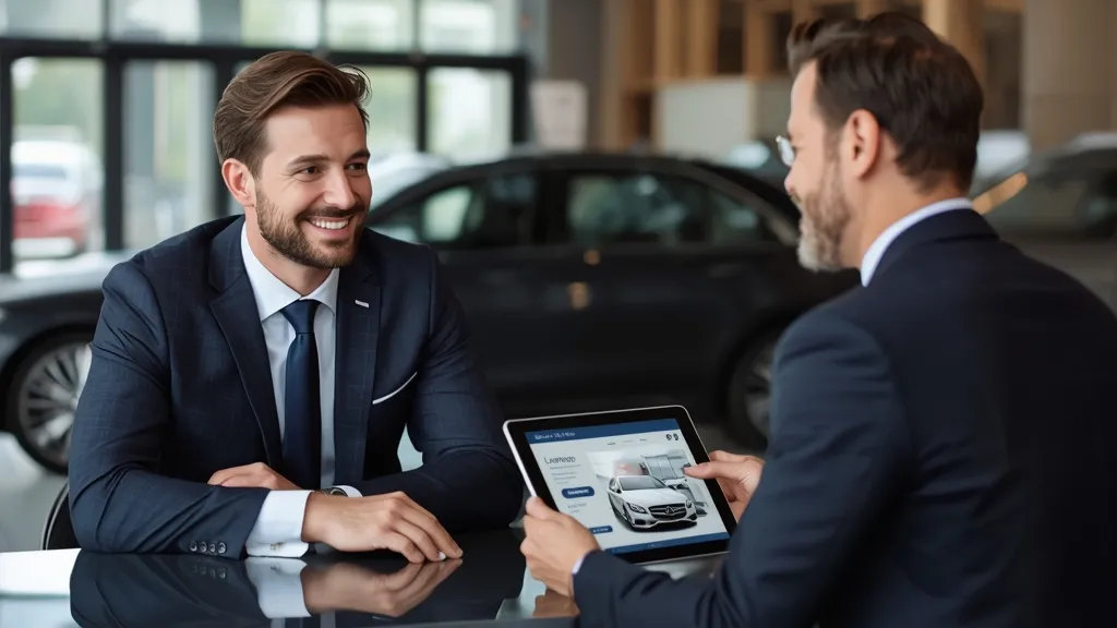Business professional reviewing Mercedes E-Class lease documents with a friendly dealership consultant.