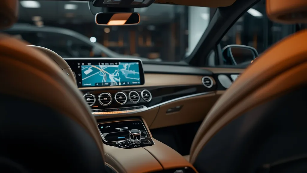 Mercedes-Benz E-Class interior with advanced MBUX infotainment system and luxurious leather seats.