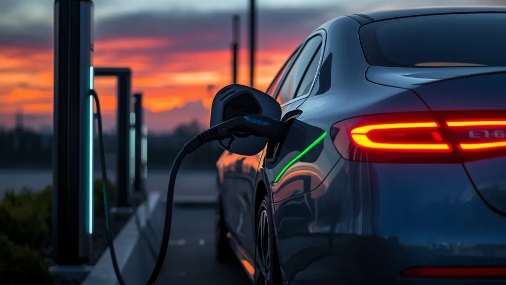Electric Mercedes-Benz E-Class hybrid charging at a sleek, modern charging station.
