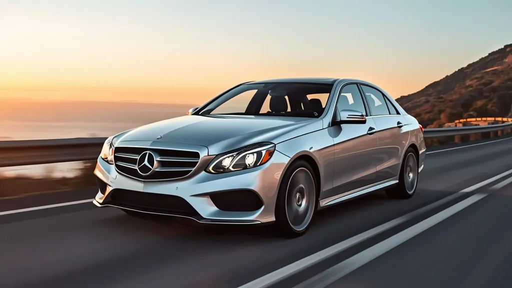 Mercedes E-Class W212 facelift model driving on a scenic road, showcasing its elegant design.