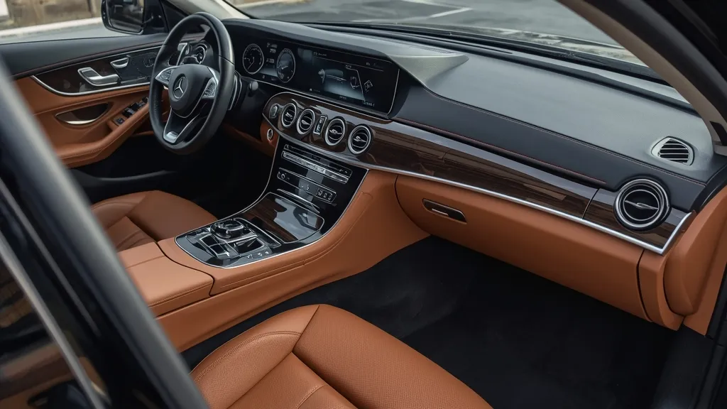 Detailed interior of a Mercedes E-Class W212, highlighting luxurious materials and classic dashboard.