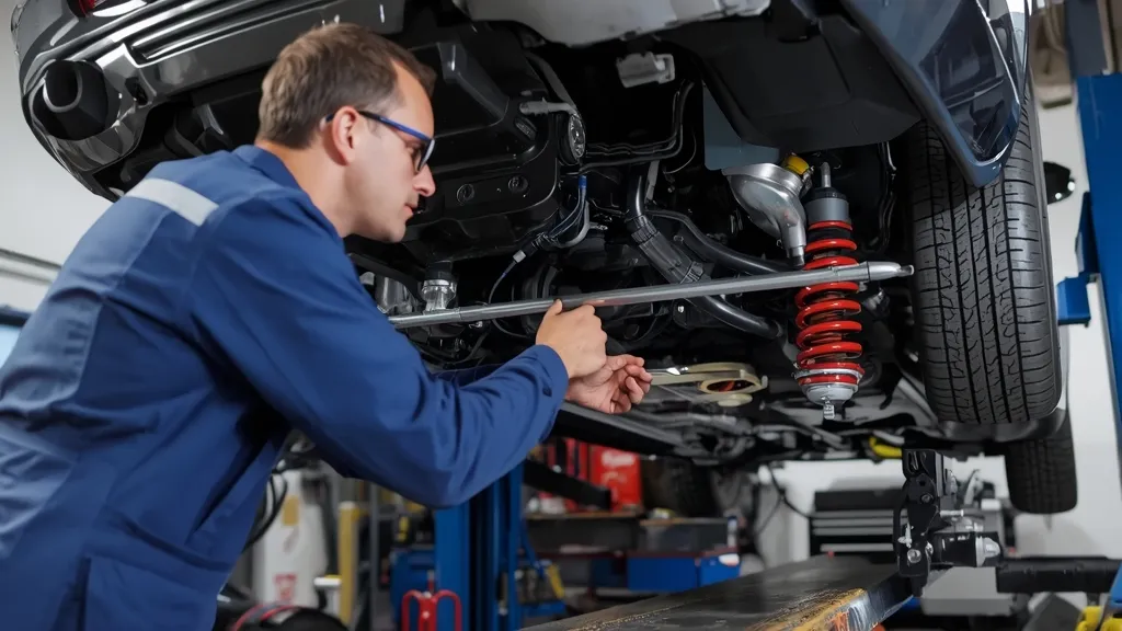 Mechanic inspecting the AIRMATIC suspension on a Mercedes E-Class W212, focusing on air springs.