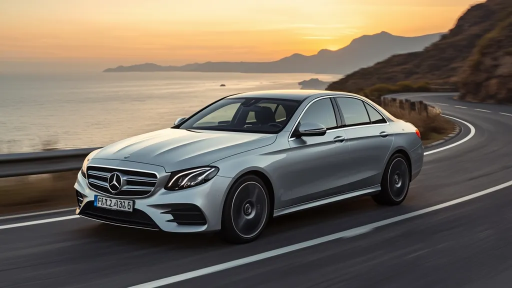 Mercedes E-Class W213 sedan driving on a scenic coastal road, showcasing elegant design and luxury.
