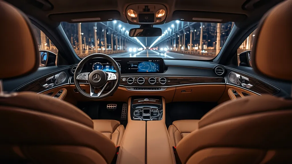 Detailed interior of Mercedes E-Class W213, highlighting dual widescreen cockpit and premium materials.