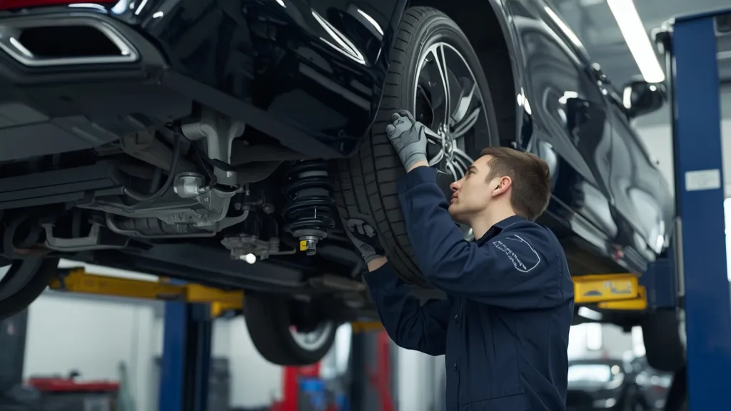 Mechanic inspecting Mercedes E-Class W213 air suspension, illustrating common service and reliability points.