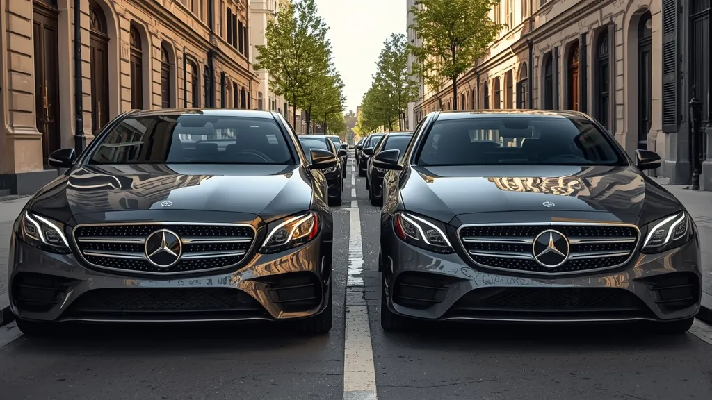 Mercedes E-Class W213 facelift model parked next to an older W212, highlighting design evolution.