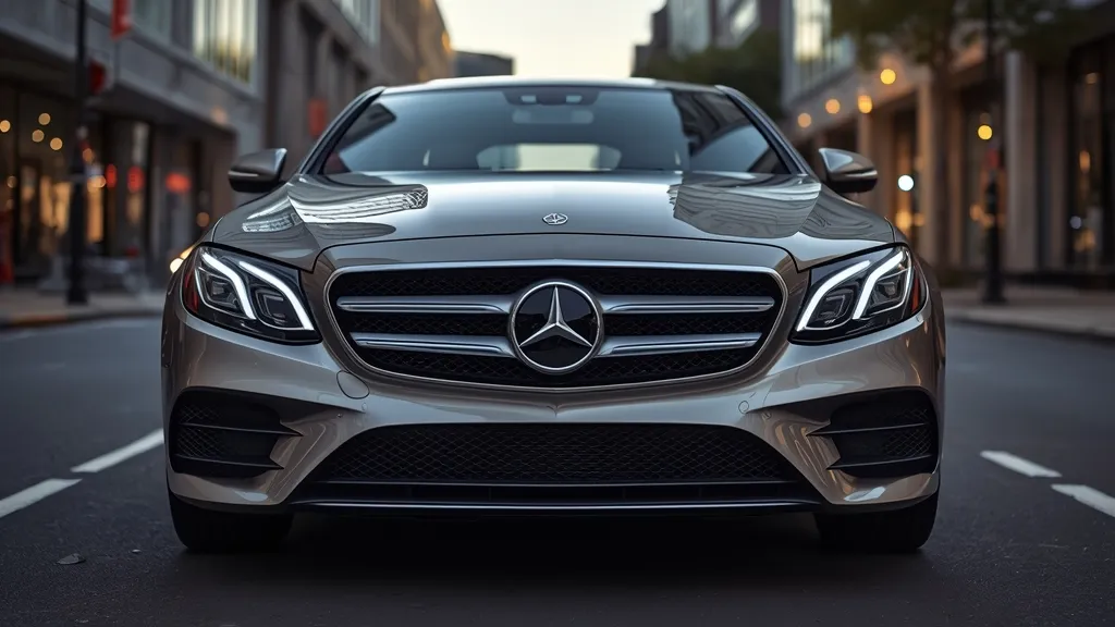 Dynamic front three-quarter view of the new Mercedes E-Class W214 sedan, showcasing its elegant design.