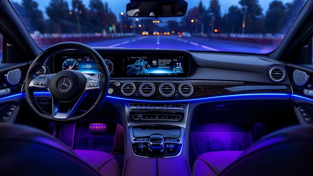 Luxurious Mercedes E-Class W214 interior with the expansive MBUX Superscreen and ambient lighting.