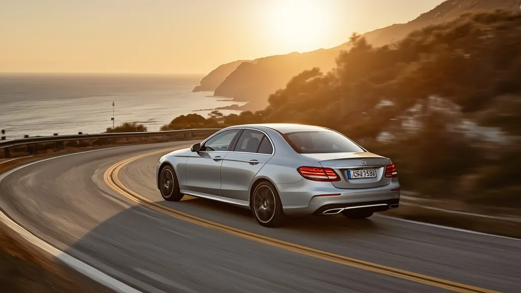 Mercedes E-Class W214 cornering dynamically on a scenic coastal road, highlighting performance.