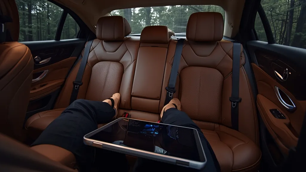 Plush rear seating and W214 interior comfort of the Mercedes E-Class W214, emphasizing luxury.