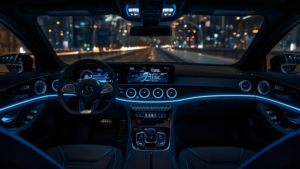 2024 Mercedes E-Class interior with MBUX Superscreen, digital cockpit, passenger display, ambient lighting.