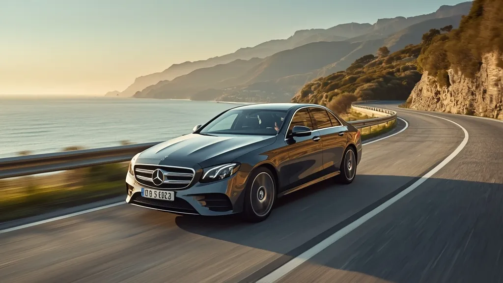 Mercedes E200 2024 driving on scenic European road, dynamic motion blur, sophisticated executive sedan.