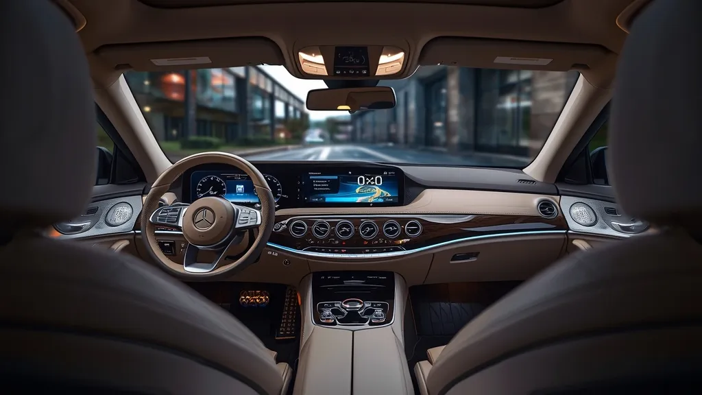 Mercedes E200 Avantgarde interior with MBUX Superscreen, ambient lighting, premium leather, and wood trim.