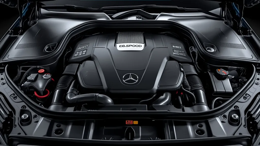 Mercedes E200 Avantgarde 2.0L turbocharged engine with EQ Boost, showing mild-hybrid technology components.
