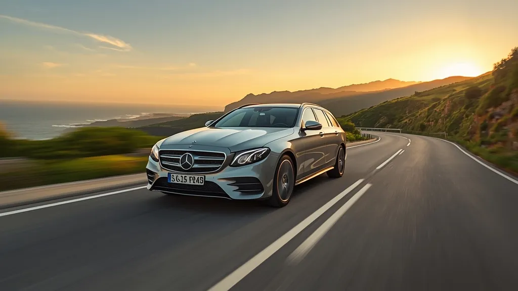 Mercedes E200 Avantgarde smoothly cruising on a scenic highway, demonstrating superior comfort and refinement.