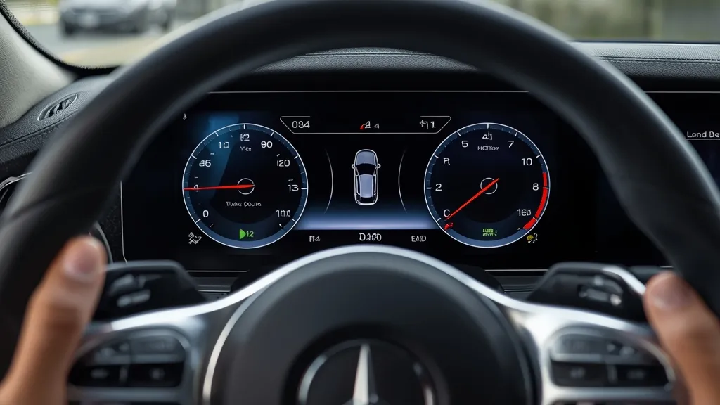 Mercedes E200 Avantgarde dashboard showing active driver assistance systems like adaptive cruise control on digital display.