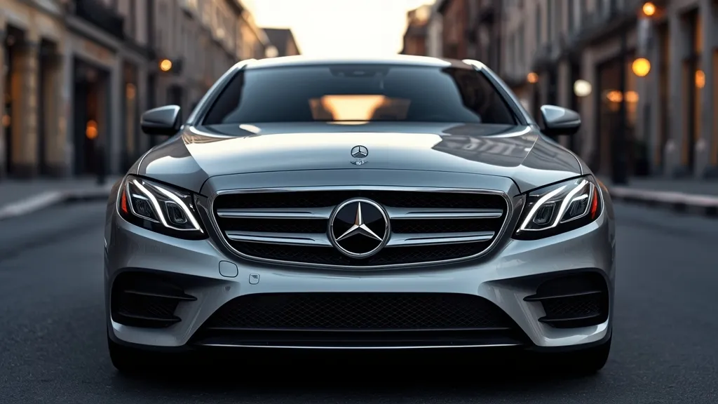 Mercedes E200 Exclusive sedan featuring classic grille and iconic hood ornament on a refined street.