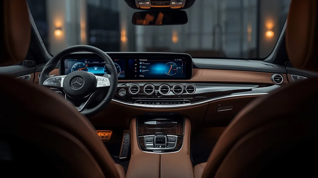Luxurious Mercedes E200 Exclusive interior with open-pore wood trim, MBUX screens, and ambient lighting.