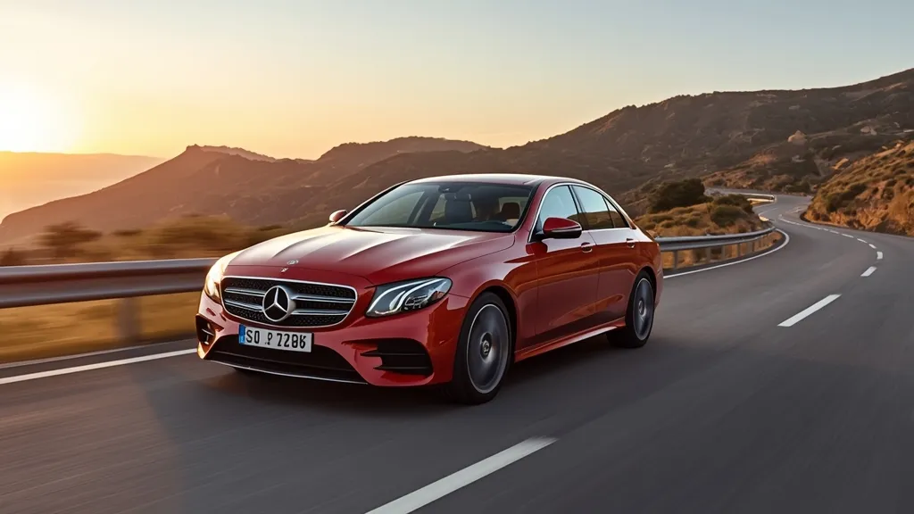 Mercedes E200 Exclusive gracefully driving on a scenic highway, emphasizing smooth ride and comfort.