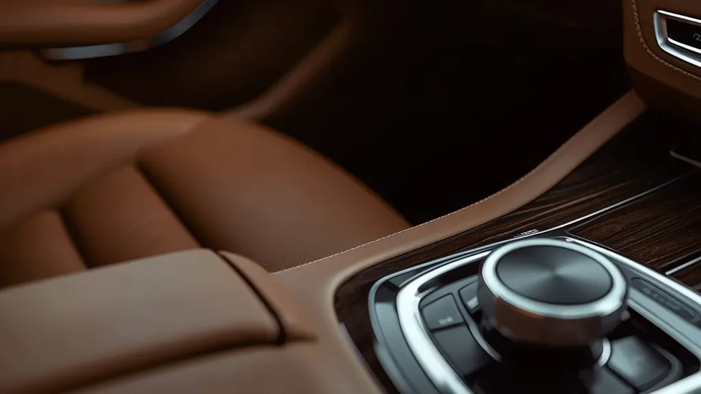 Detailed view of Mercedes E200 Exclusive premium leather seat stitching and elegant interior accents.