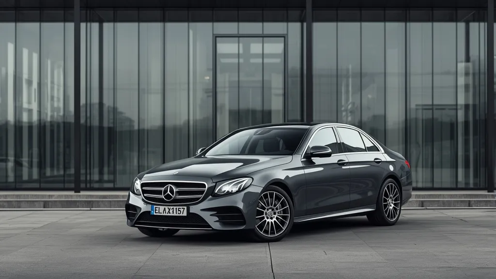 Mercedes E200 Exclusive parked beside a modern building, showcasing its timeless design against contemporary architecture.