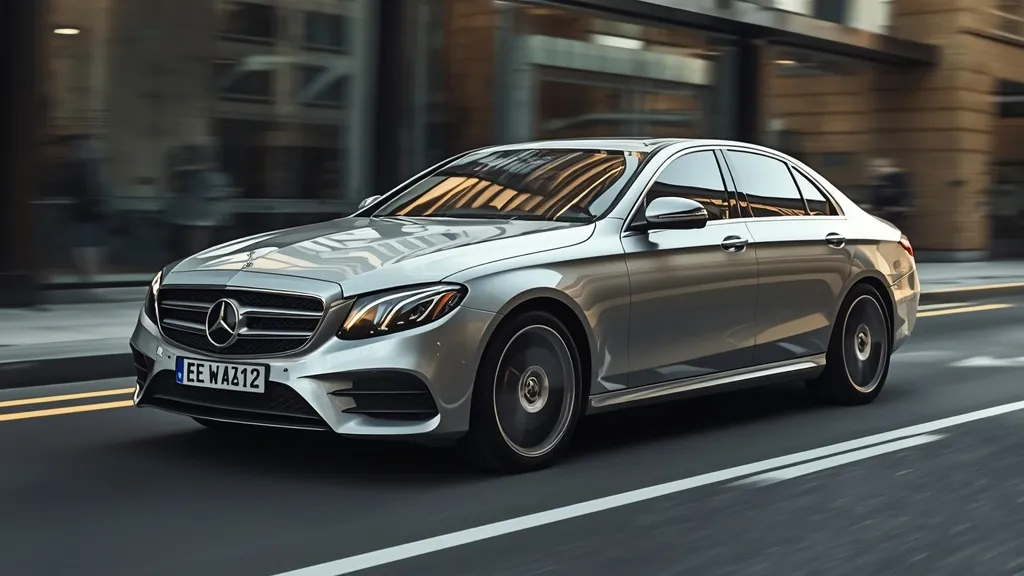 Elegant pre-facelift Mercedes E200 W212 cruising city streets, showcasing its classic design and luxury.