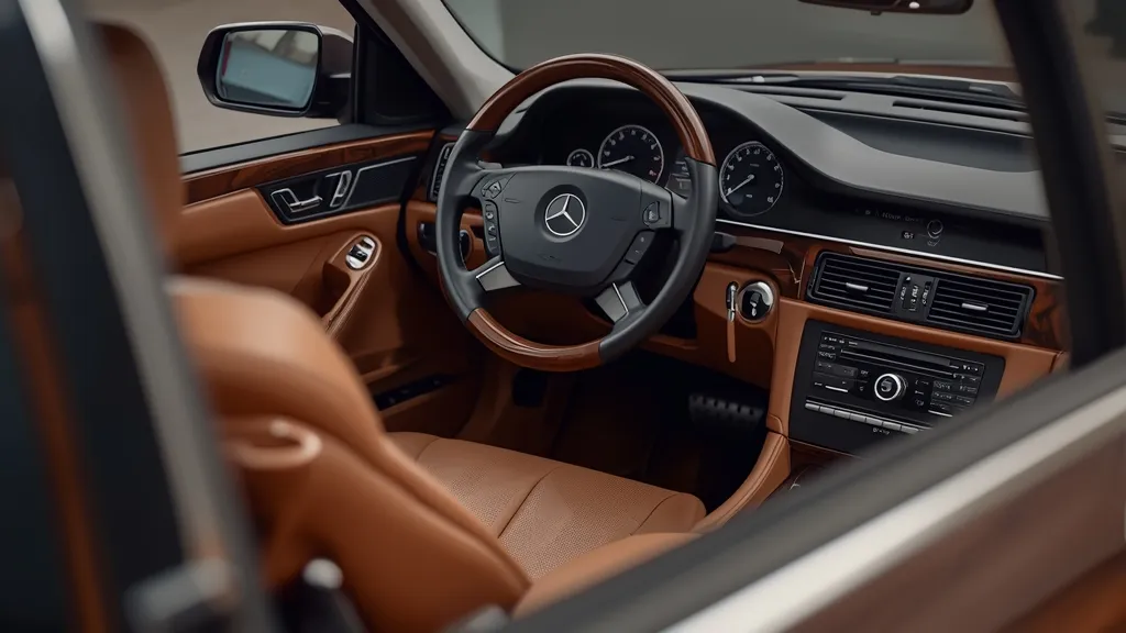 Luxurious interior of a Mercedes E200 W212, showing premium materials, comfortable seats, and classic dashboard layout.
