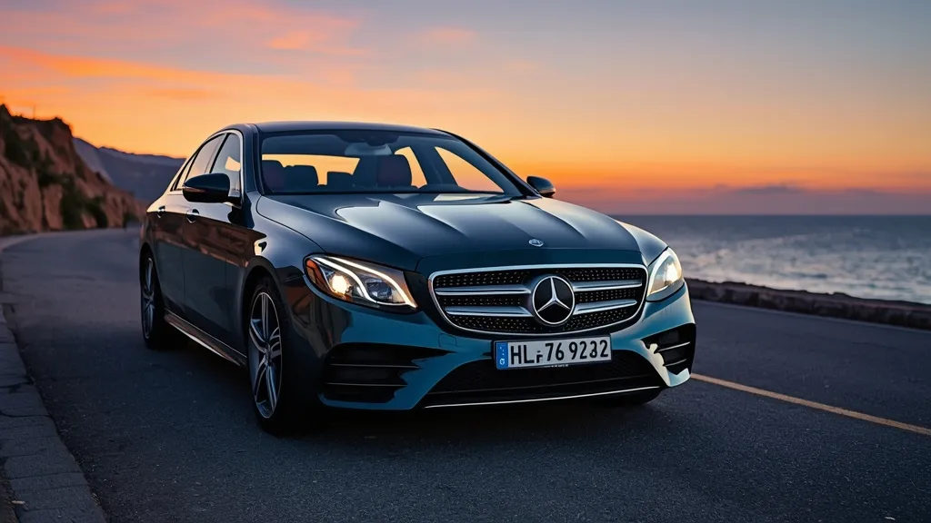 Modern facelift Mercedes E200 W212 sedan, showcasing updated single-piece headlights and sleek front design.