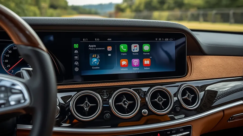 Aftermarket infotainment screen showing Apple CarPlay in a Mercedes E200 W212 interior, modernizing the cabin.