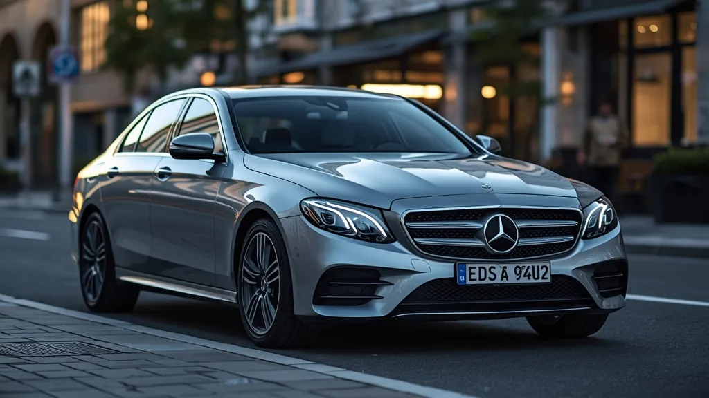 Mercedes E200 W213 sedan showcasing its elegant exterior design and modern LED lighting.