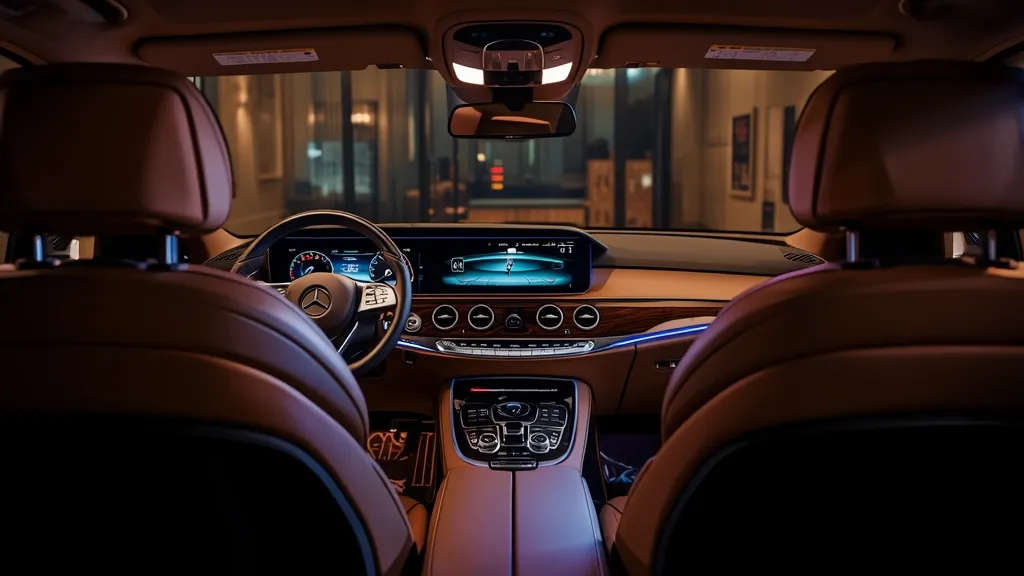 Luxurious interior of Mercedes E-Class W213 featuring dual digital screens, ambient lighting, and premium materials.