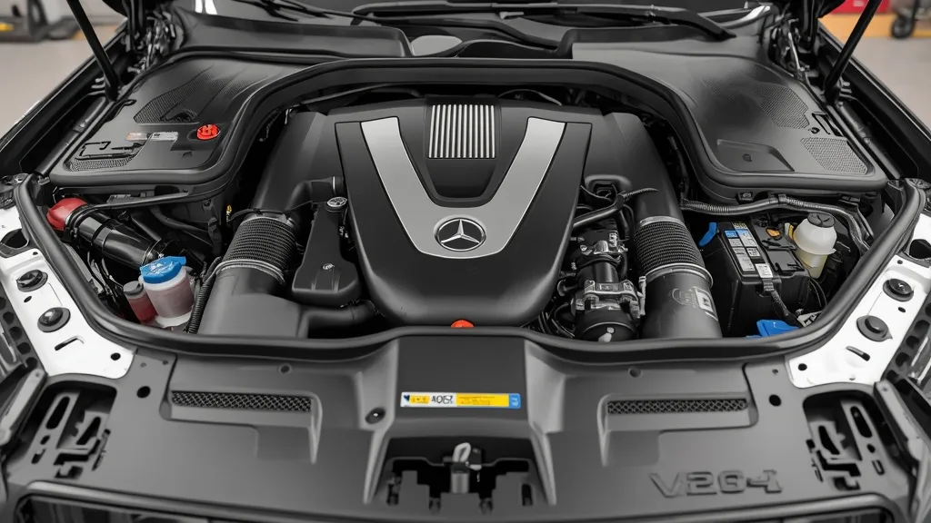 Mercedes E200 W213 M264 engine bay, highlighting the 48V mild-hybrid EQ Boost system components.