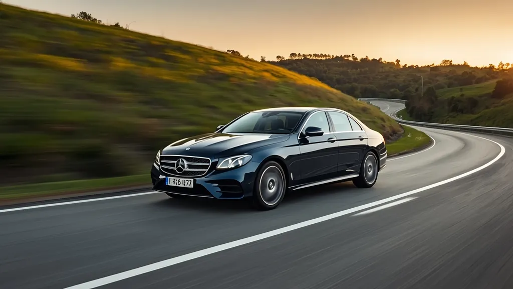 Mercedes E200 W213 cruising smoothly on a scenic highway, demonstrating exceptional ride comfort and stability.