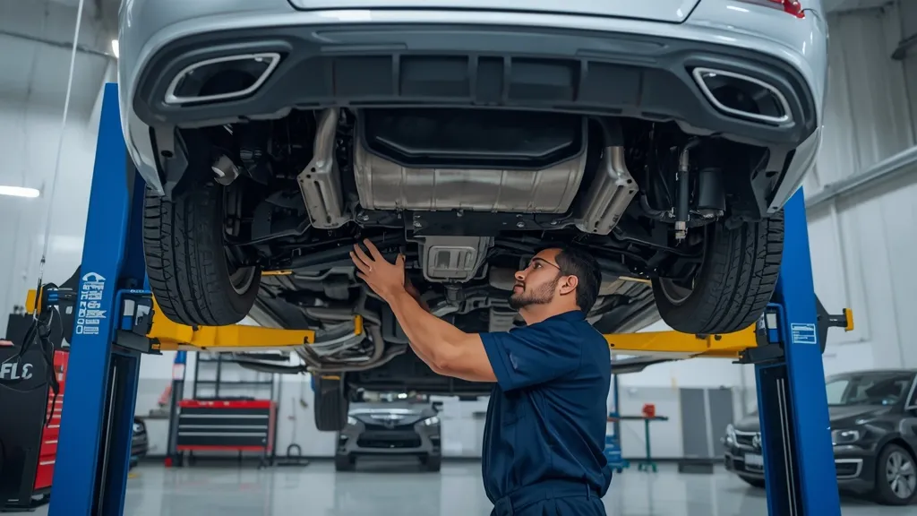 Professional mechanic inspecting a used Mercedes E200 W213 on a lift for a comprehensive buying guide.