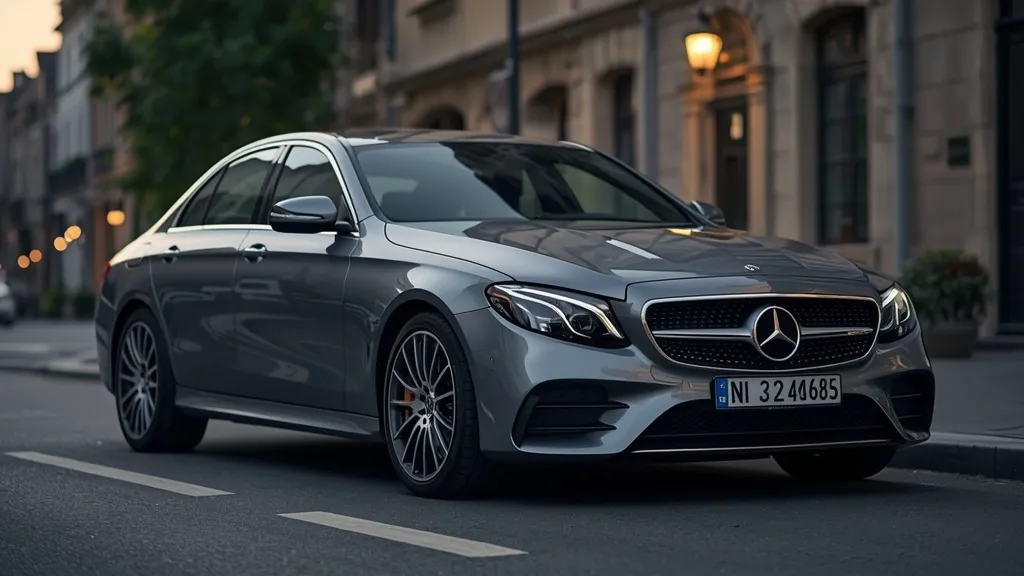 Mercedes E220d AMG Line in sleek metallic grey, showcasing aggressive front bumper and large alloy wheels.