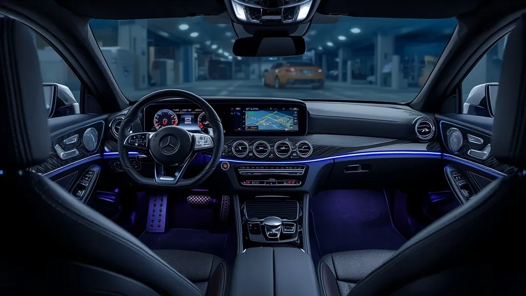 Luxurious interior of Mercedes E220d AMG Line with dual screens, sport steering wheel, and ambient lighting.
