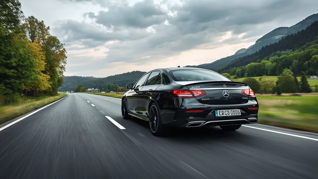 Mercedes E220d AMG Line cruising effortlessly on a scenic European highway, emphasizing smooth performance.