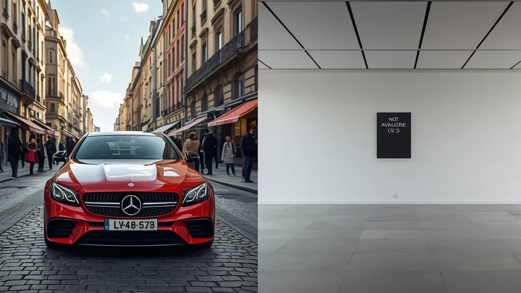 Conceptual image showing Mercedes E220d AMG Line in Europe versus empty US showroom, symbolizing market difference.
