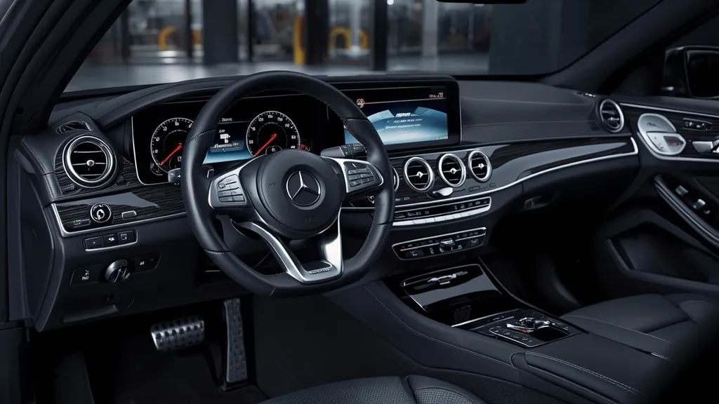 Luxurious Mercedes E250 AMG Line W212 interior, sports steering wheel, comfortable leather seats, premium cabin.