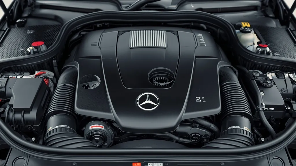 Powerful 2.1-liter diesel engine bay of a Mercedes E250 CDI, clean and well-maintained.