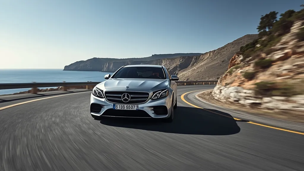 Dynamic Mercedes E250 AMG Line W212 driving on a scenic road, powerful executive sedan performance.