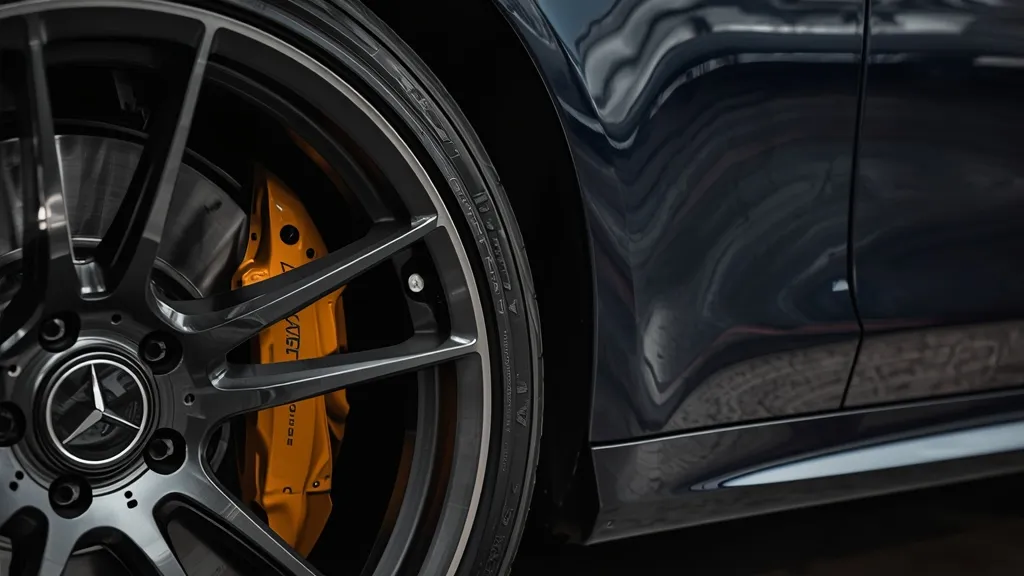 Close-up of Mercedes E250 AMG Line alloy wheel and discreet AMG badge, premium detail.